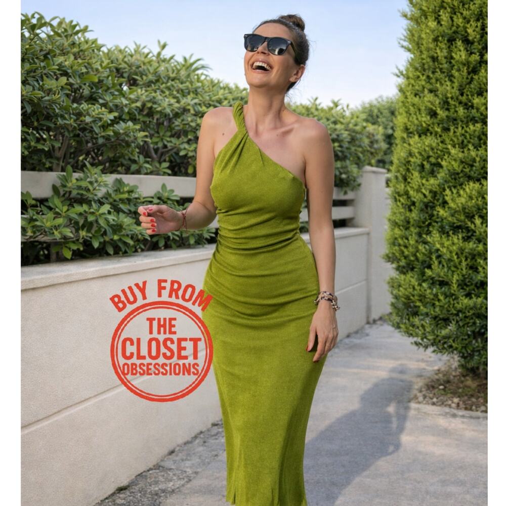 MANGO Green Asymmetrical Midi Dress NWT One Shoulder Wedding Guest Resort Dress - Picture 1 of 16